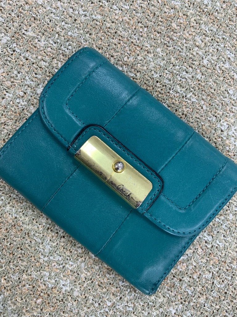 Coach Teal Leather Compact Wallet With Gold Hardware